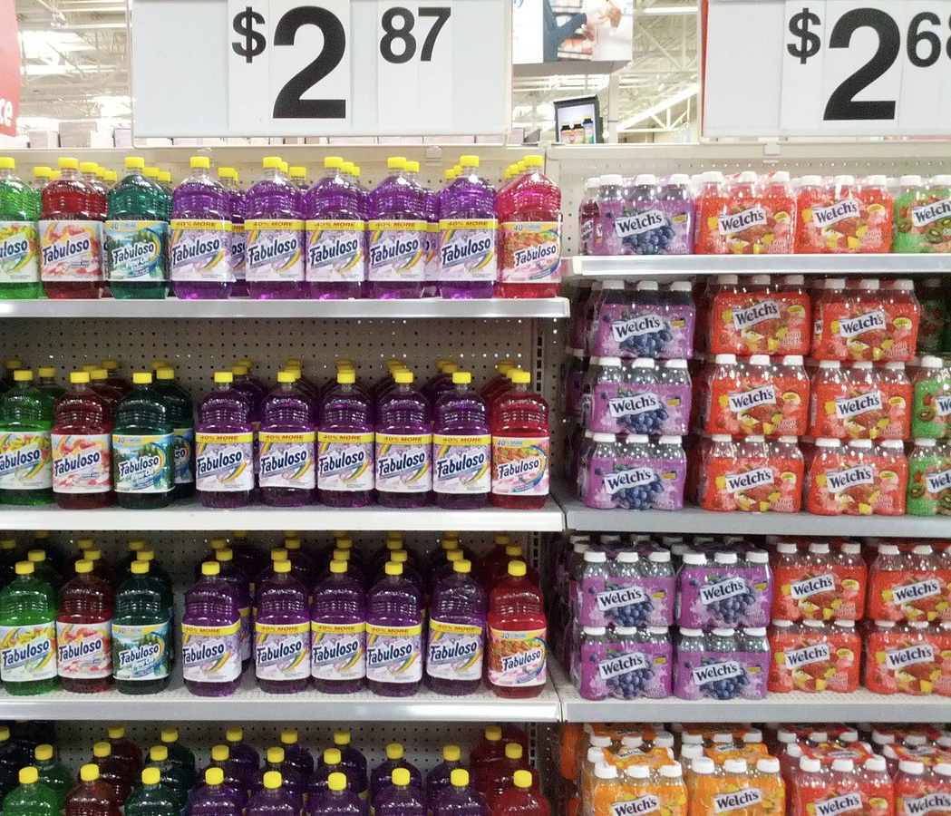 retailes shelves showing soap and juice in close proximity