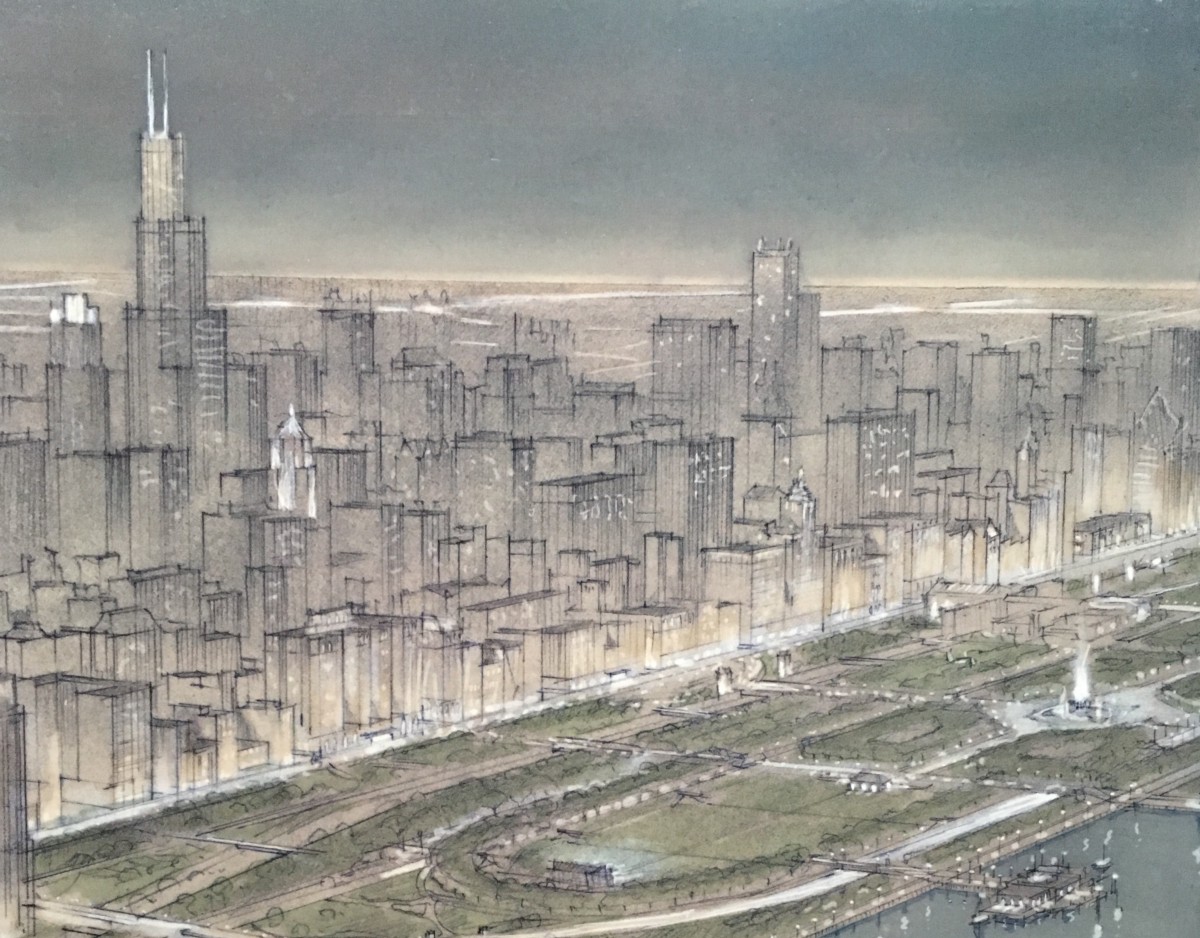 Illustration of Grant Park by Daniel Burnham from book “Plans of Chicago”
